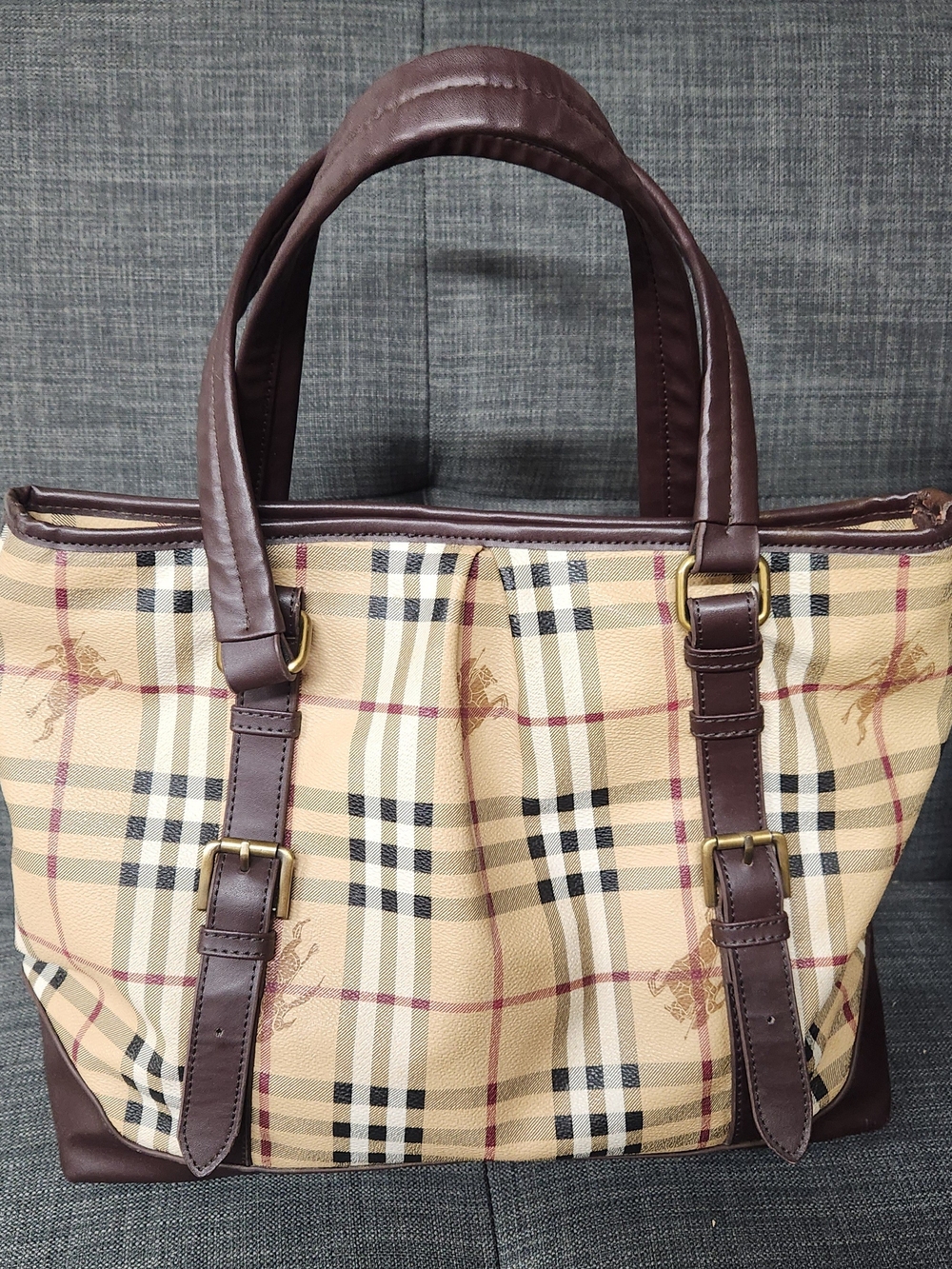 Plaid Tote Bag with Dark Brown Trim